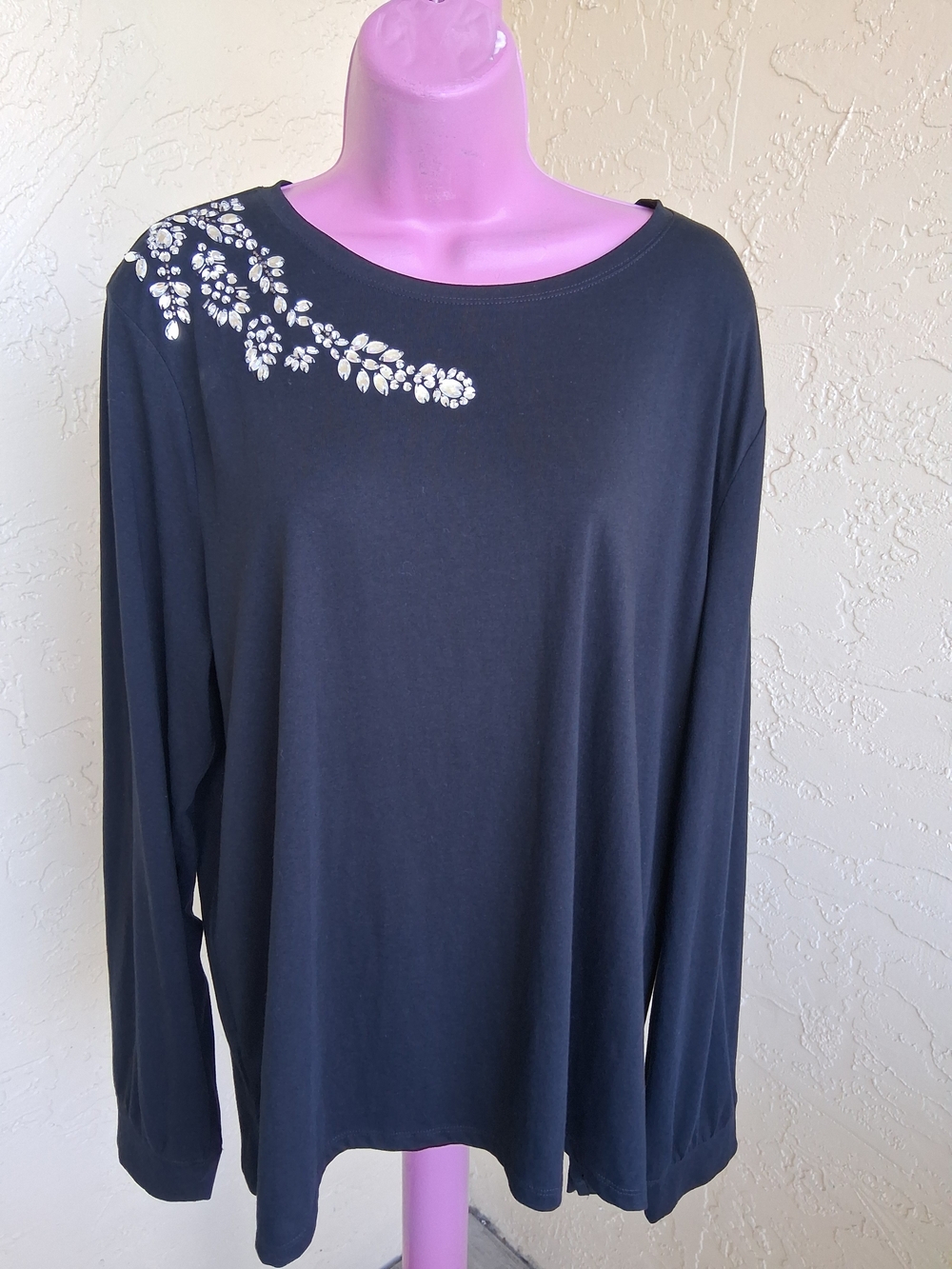 Talbots Black Long-Sleeve Top with Pearl Floral Shoulder Accent